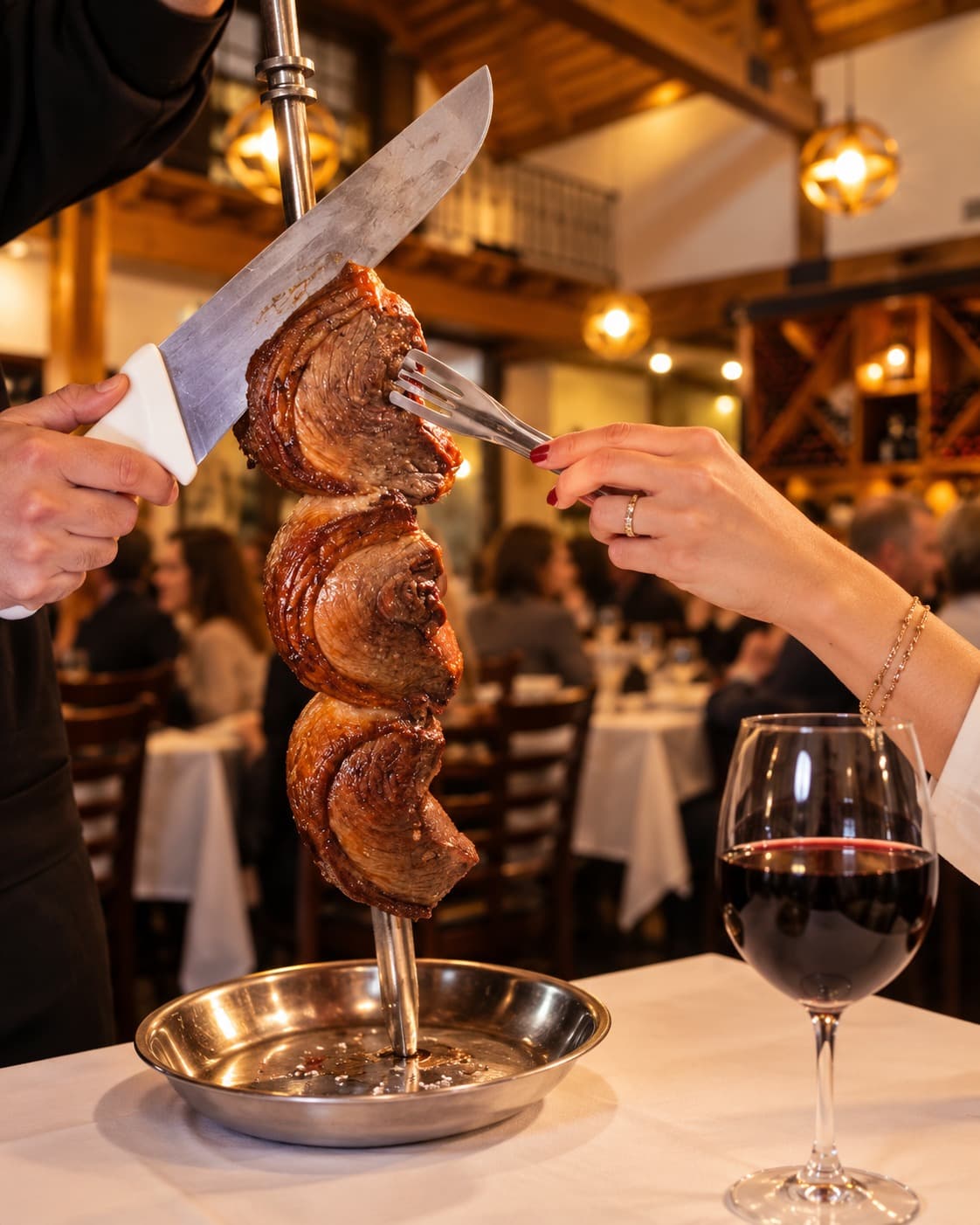 A gaucho carving picanha at the table as a guest takes a slice, next to a glass of red wine