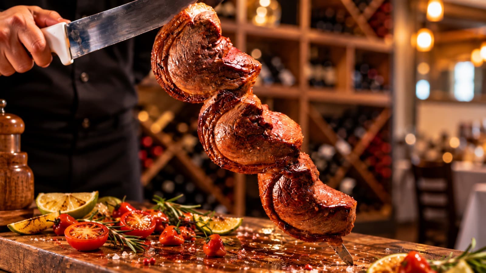A Brasas gaúcho carving picanha from the skewer