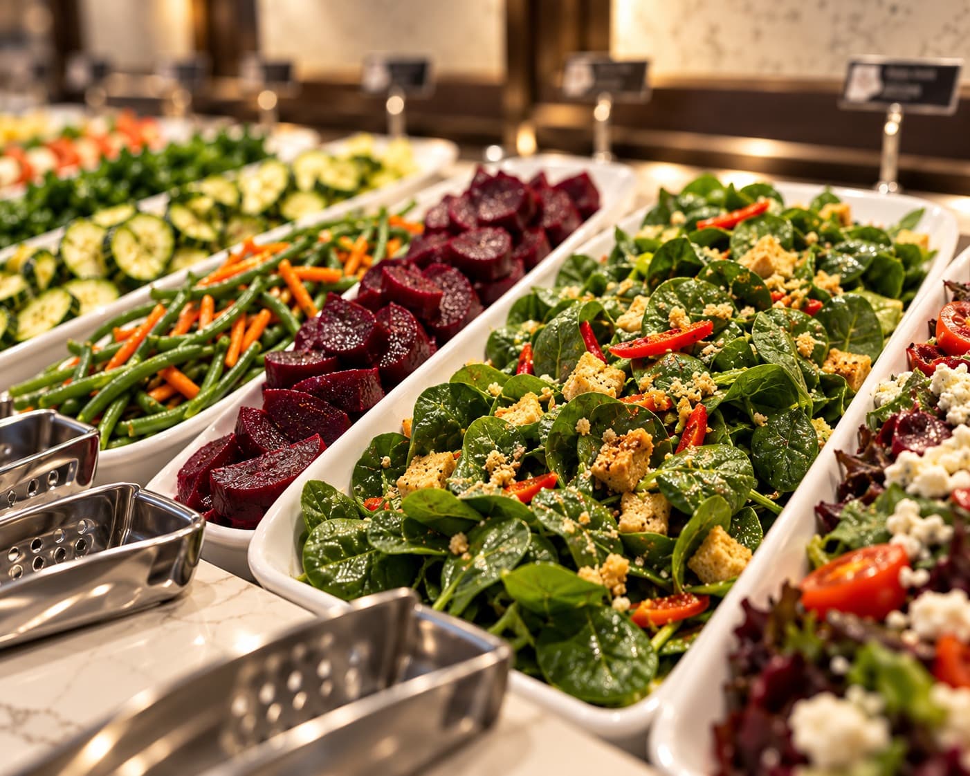 Spinach salad, beets, green beans and cucumbers on the Gourmet Salad Bar