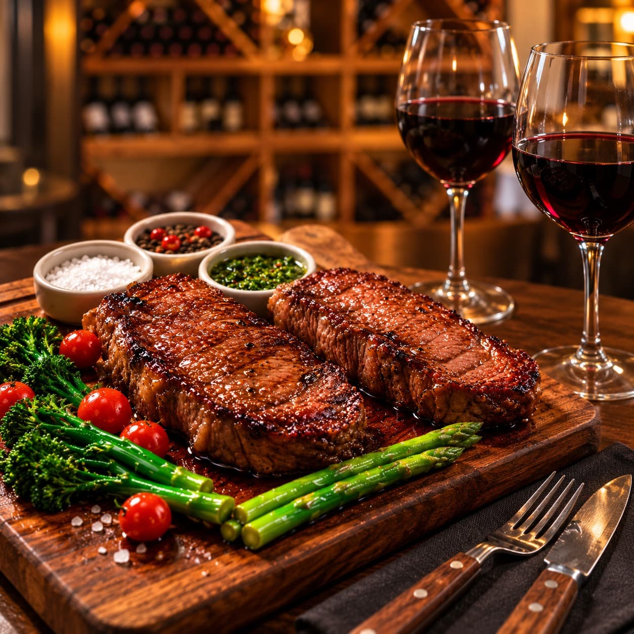 Two grilled steaks on a wooden board with asparagus, broccolini and red wine